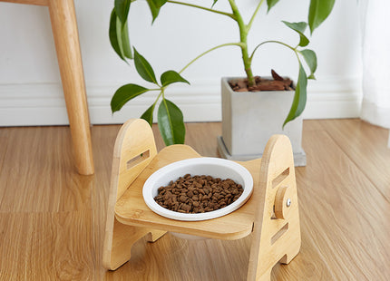 Comedero Simple Cerámica Y Madera Elevado Con Altura Regulable