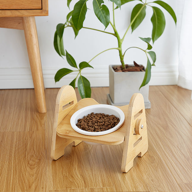 Comedero Simple Cerámica Y Madera Elevado Con Altura Regulable