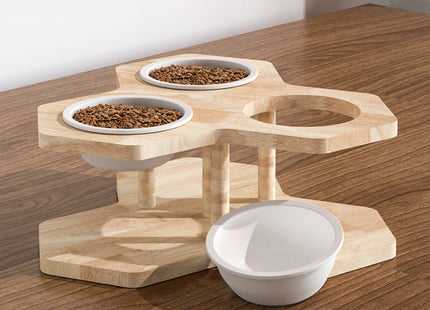 Comedero Triple De Madera Y Platos De Cerámica
